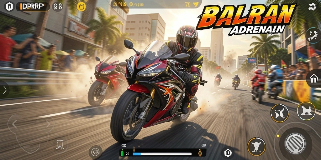 Tangkapan layar gameplay IDRRP yang menunjukkan balapan motor yang intens.