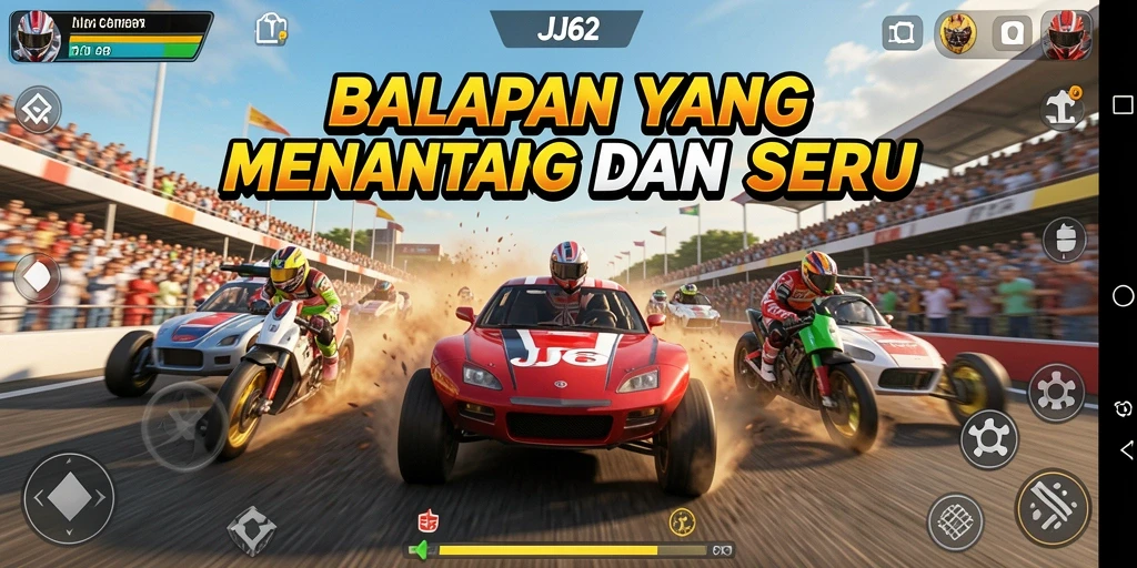 Screenshot gameplay <strong>JJ62</strong> yang menunjukkan balapan mendebarkan dengan mobil cepat.