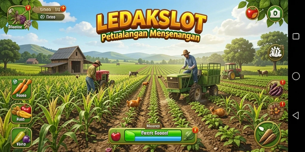 Screenshot utama LEDAKSLOT menampilkan aktivitas pertanian yang seru.