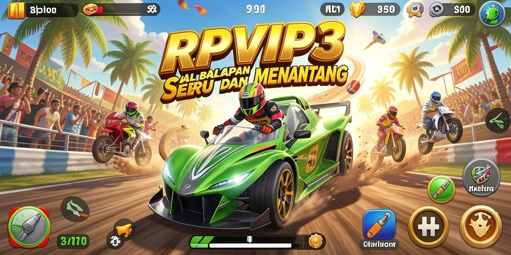 Screenshot RPVIP3 menunjukkan aksi balapan yang intens dan mendebarkan.